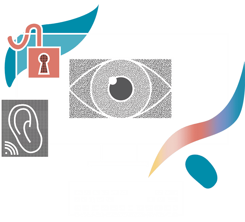 An abstract illustration showing images of an ear, a lock and an eye over wireframes from a website.