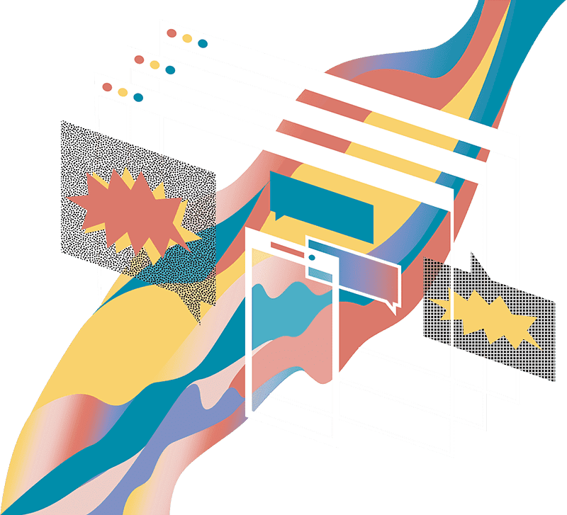 An abstract illustration of webpages with a colourful wave weaving between them and chat bubbles.