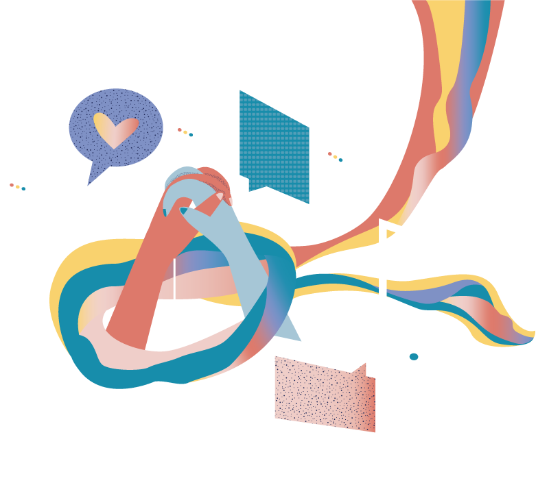 An abstract illustration of two hands grasping each other with chat bubbles, one containing a heart and a colourful wave weaving in and out.